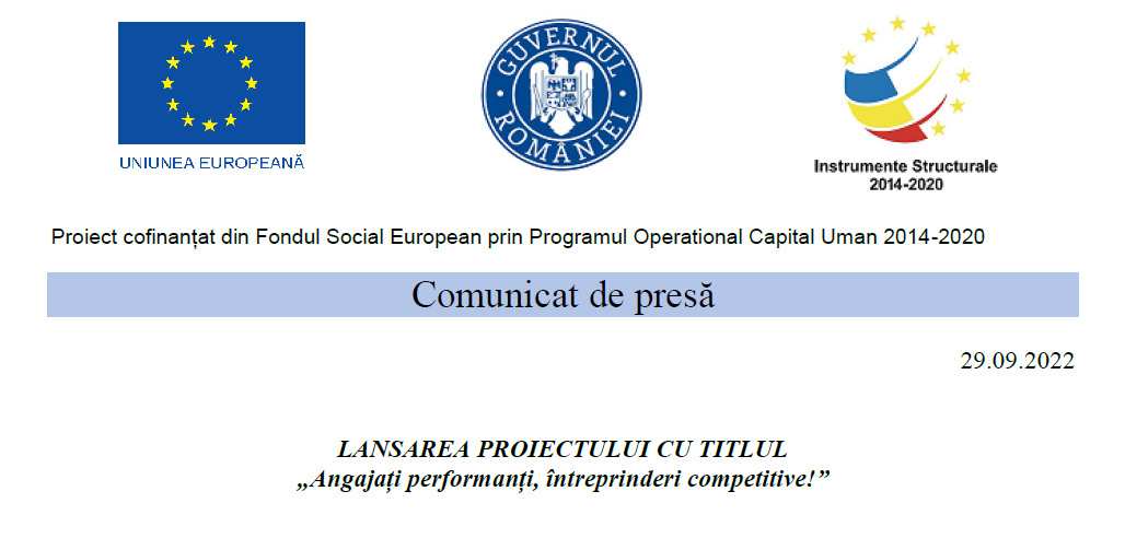 Read more about the article LANSAREA PROIECTULUI CU TITLUL „Angajați performanți, întreprinderi competitive!” POCU/860/3/12/142460